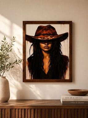 Framed Western Cowgirl Wall Art – 16x20 – Warm Neutral Rustic Decor